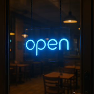 open neon sign blue