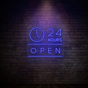 24 hours open neon sign blue