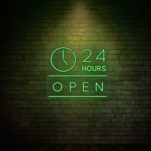 24 hours open neon sign green