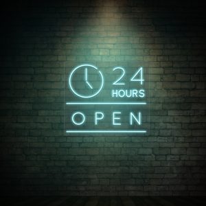 24 hours open neon sign iceblue