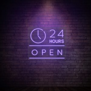 24 hours open neon sign purple