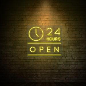 24 hours open neon sign yellow
