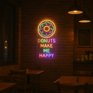Donuts Make me Happy Neon sign in a Cafe