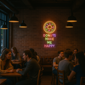 donuts make me happy neon sign in restaurant